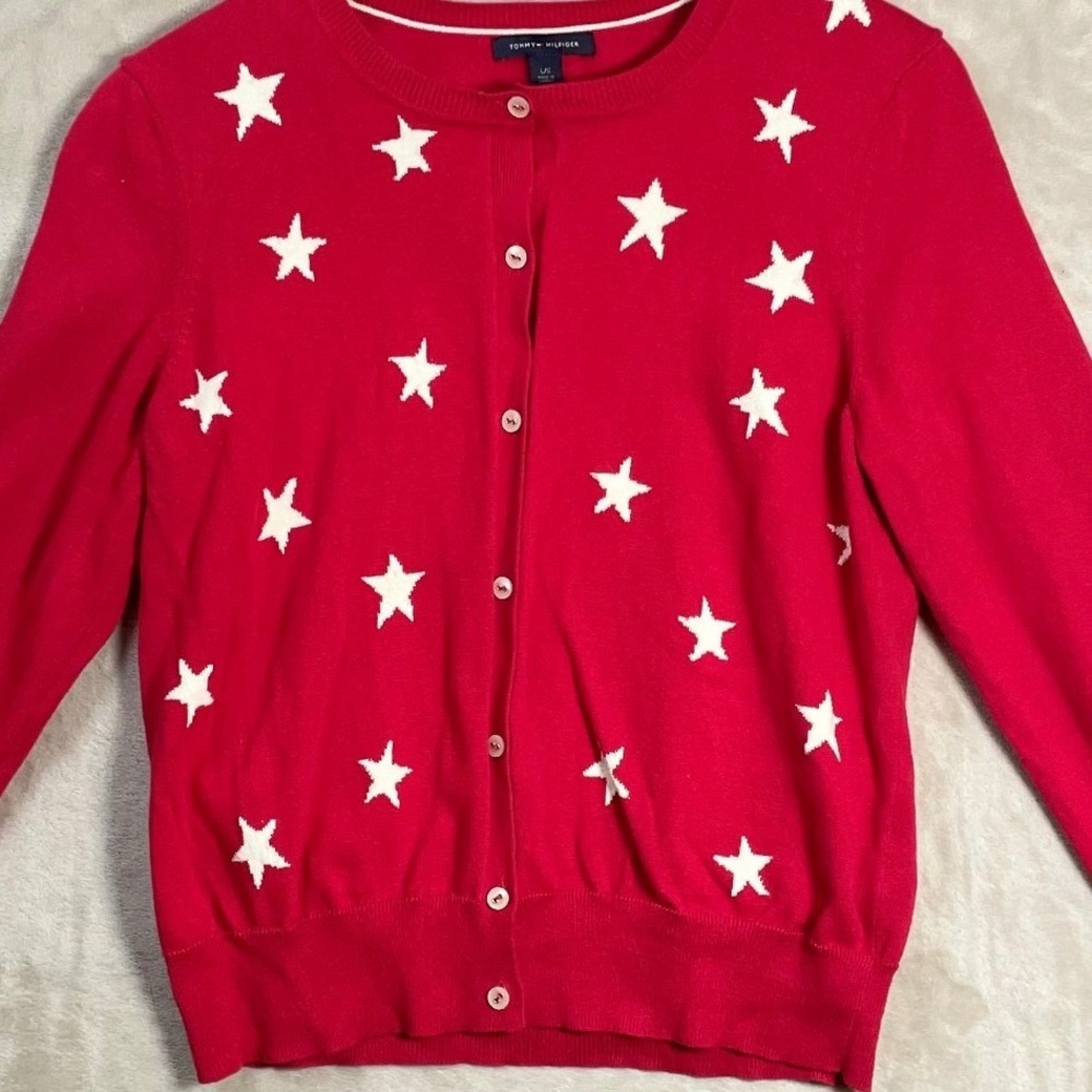 Tommy Hilfiger Womens Americana Star‎ Cardigan L Red Preppy Nautical Patriotic - Picture 4 of 8